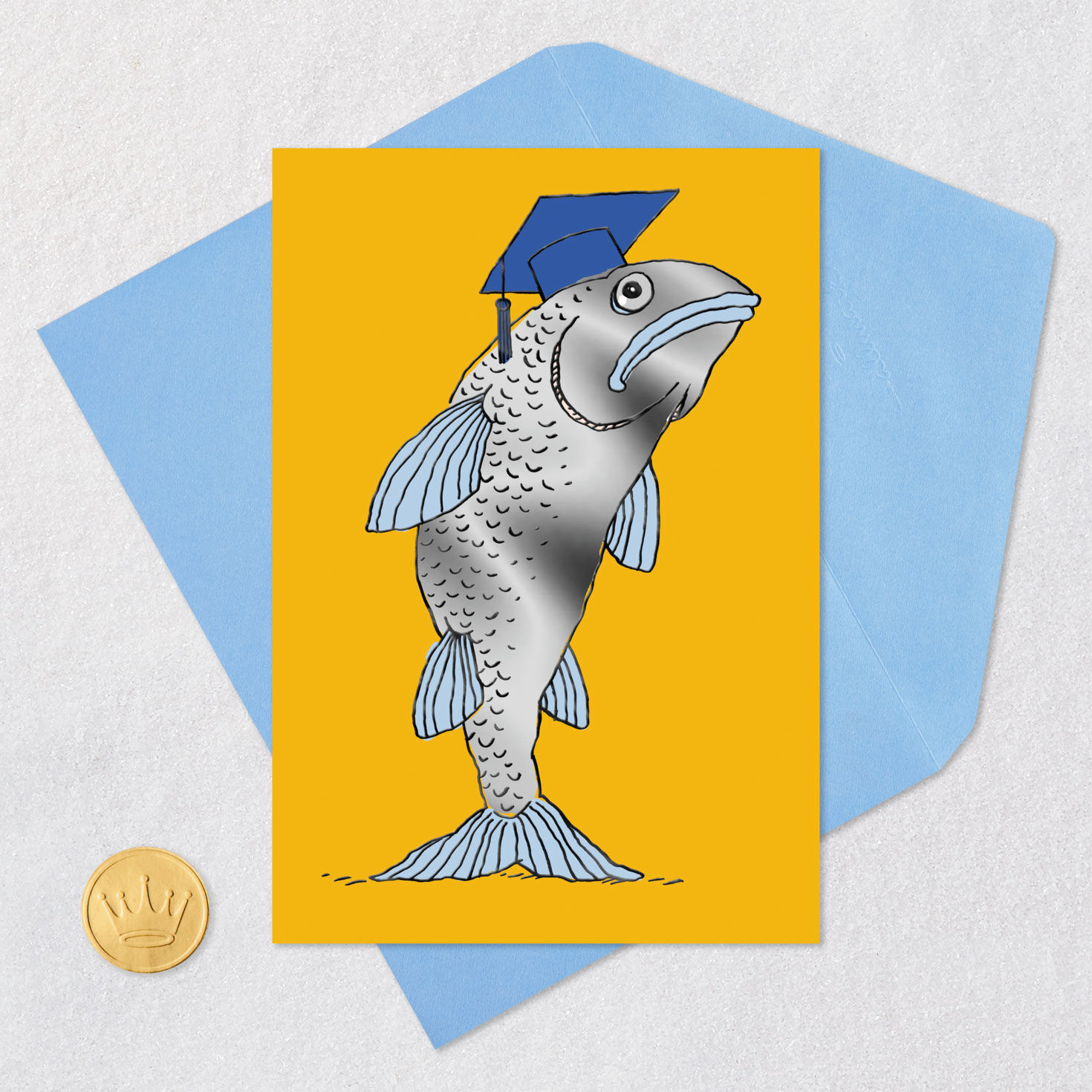 Cartoon Fish in Grad Cap Funny Graduation Card Card Front with Envelope and Gold Seal image number 5