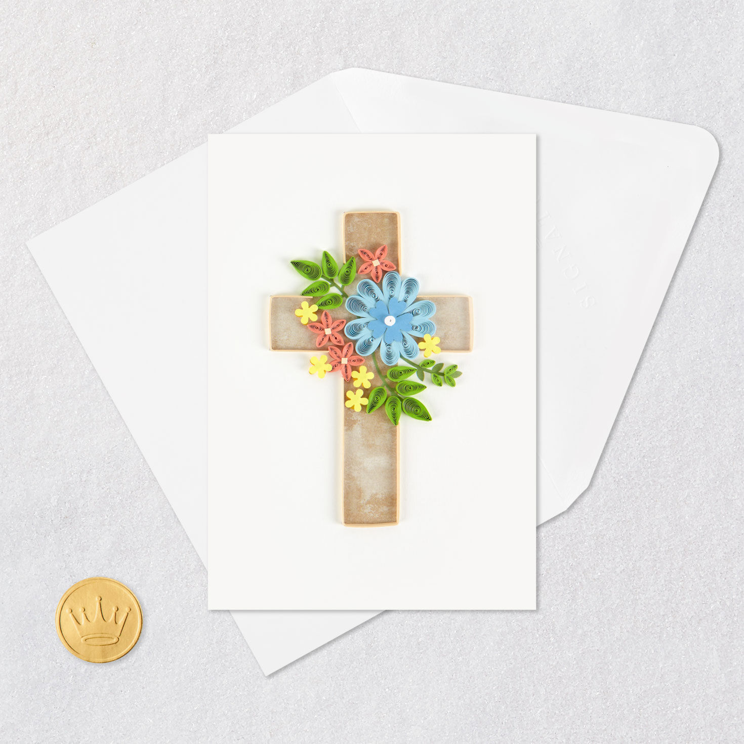Quilled Floral Cross Easter Card Card Front with Envelope and Gold Seal image number 5