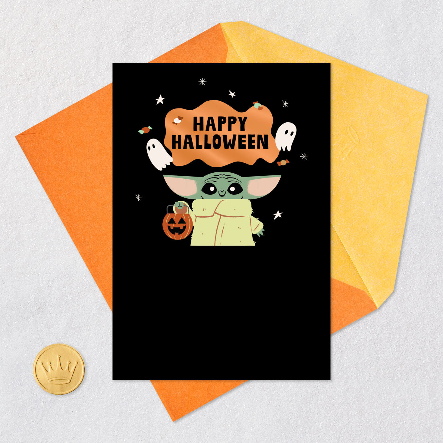 Baby Yoda Eating Candy Halloween Card Card Front with Envelope and Gold Seal image number 5