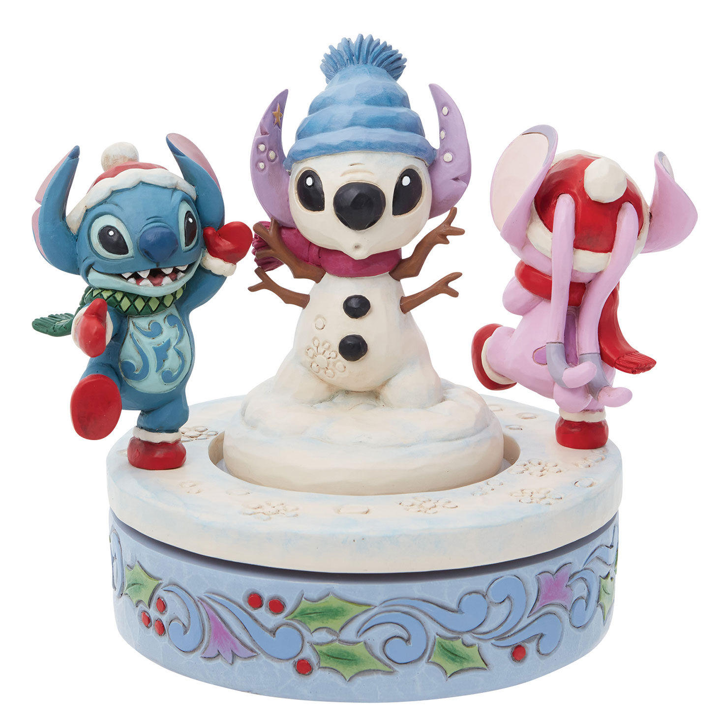 Jim Shore Disney Stitch and Angel Build a Snowman Rotating Figurine, 6"