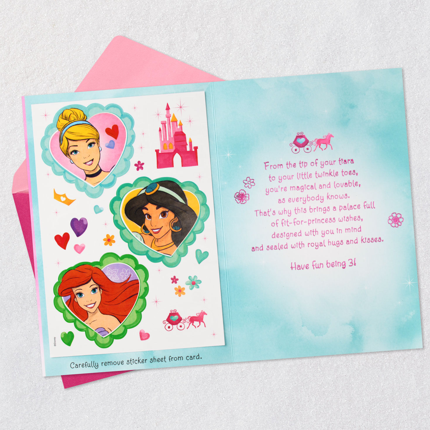 Disney Princesses Girls 3rd Birthday Card With Stickers Open card with envelope image number 3