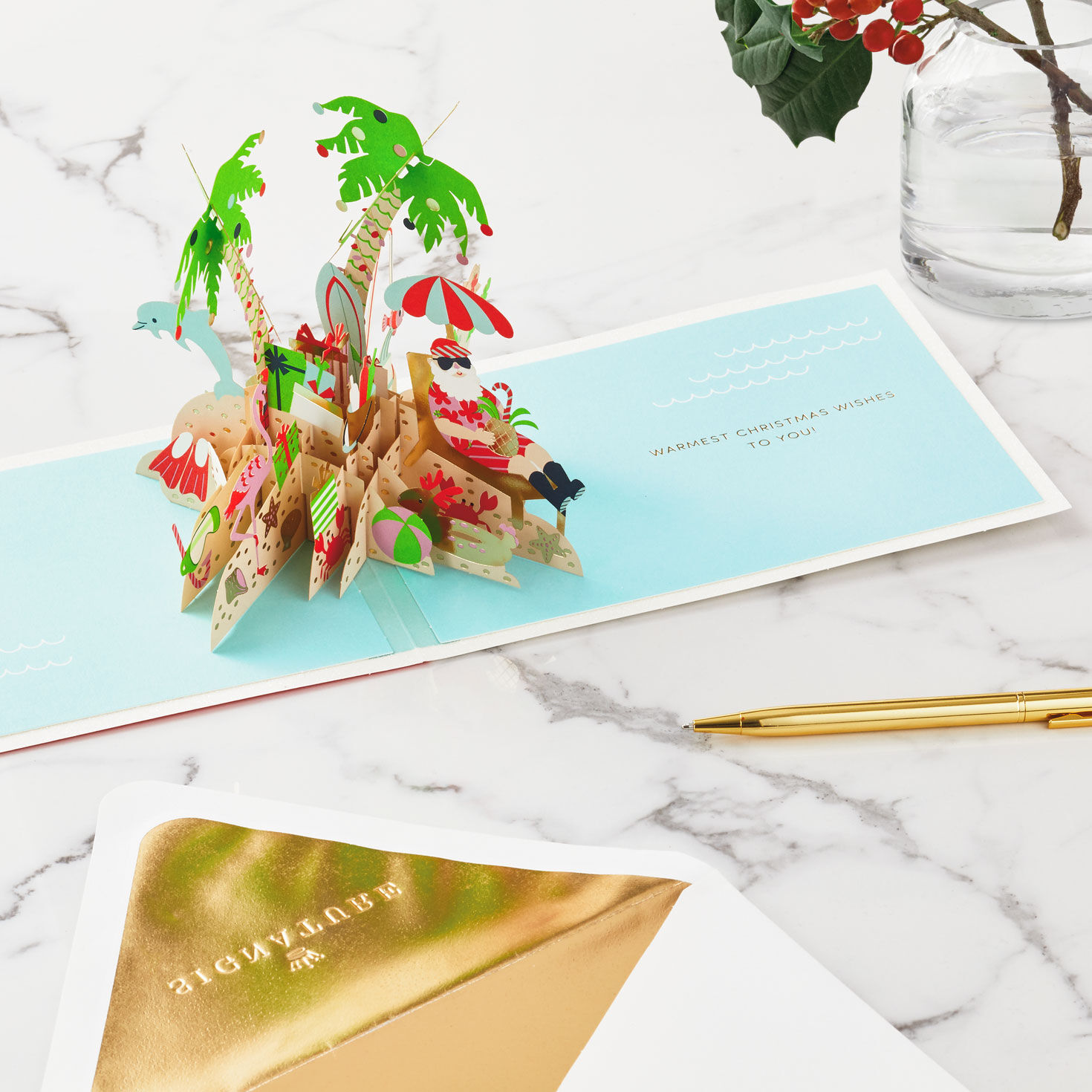 Beach Santa 3D Pop-Up Christmas Card Card Open with Envelope and Gold Seal image number 8