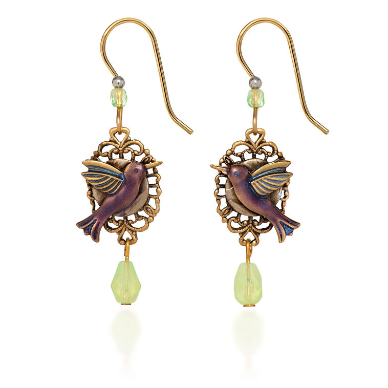 Silver Forest Hummingbird Layered Gold Metal Filigree Drop Earrings