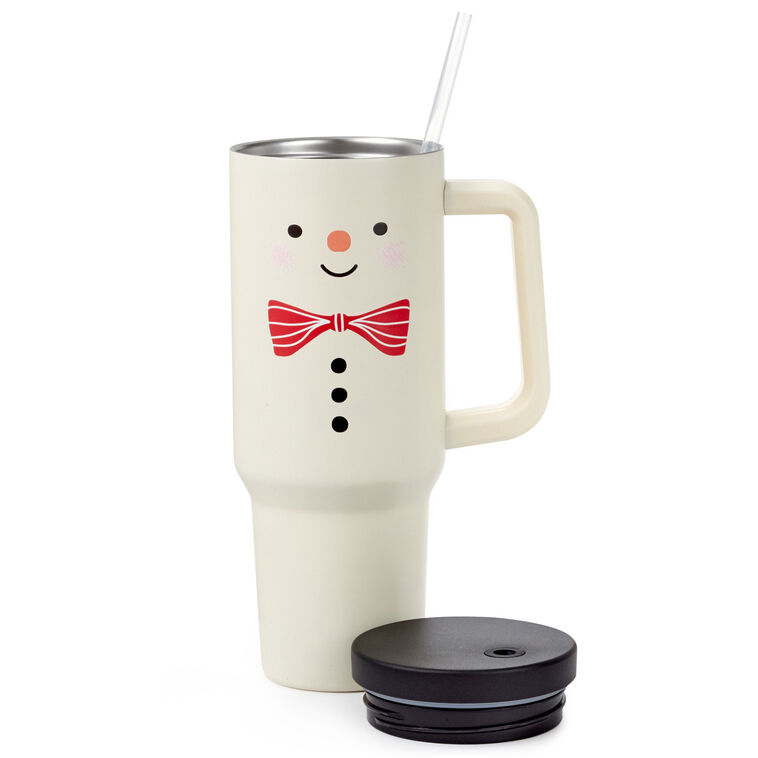 Smiling Snowman White Insulated Tumber lid off with straw image number 3
