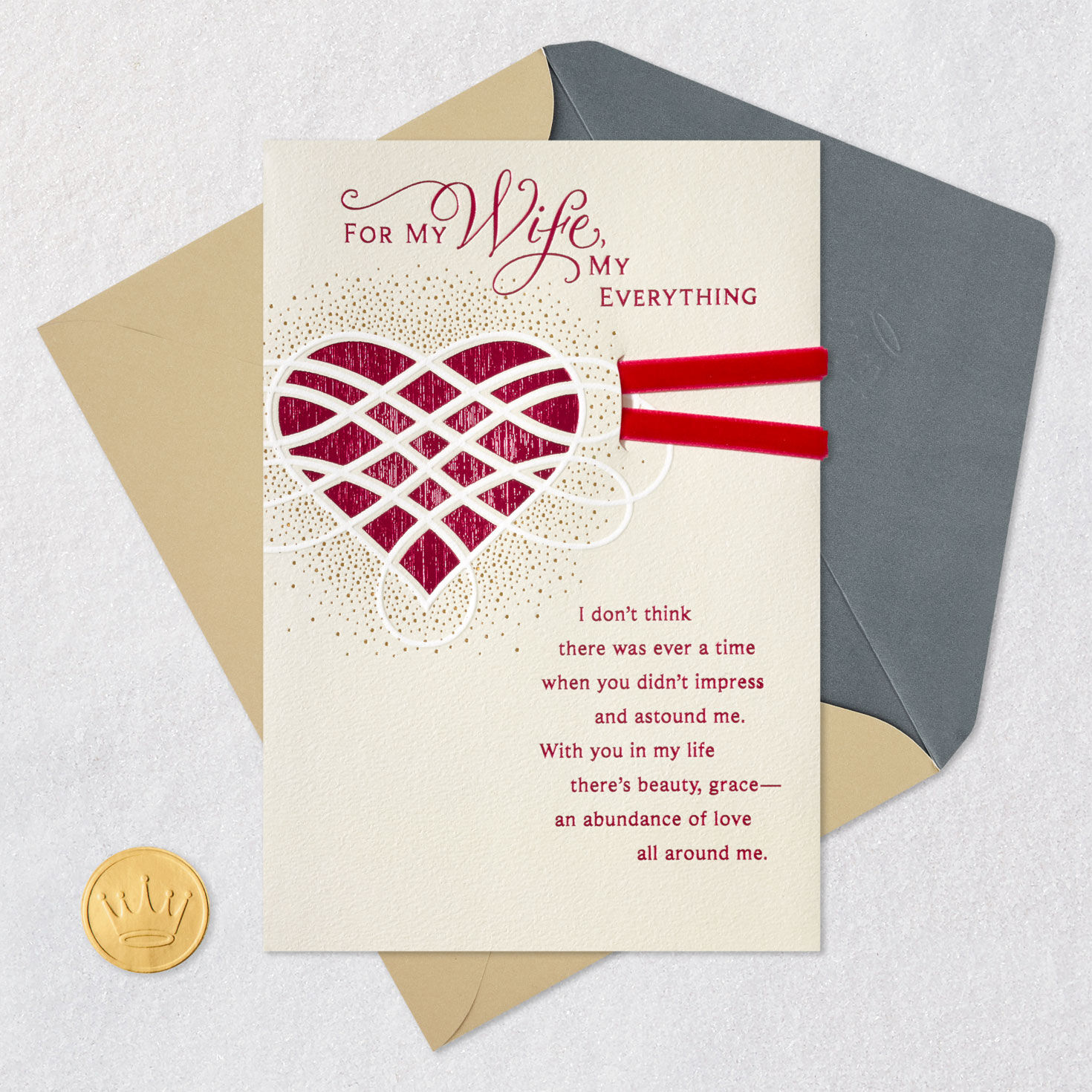 Magenta Heart and Ribbon Anniversary Card for Wife Card Front with Envelope and Gold Seal image number 6