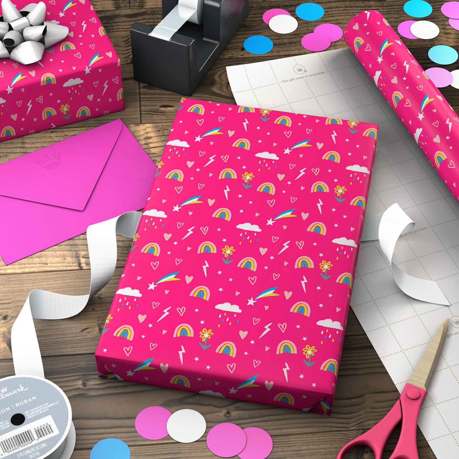 Rainbows and Flowers on Pink Jumbo Wrapping Paper, 90 sq. ft. for only USD 9.99 | Hallmark