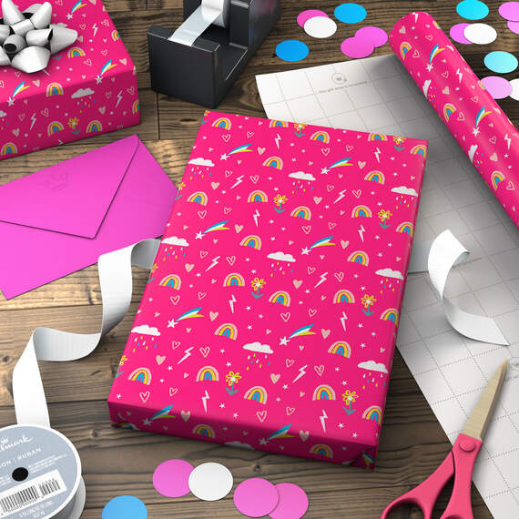 Rainbows and Flowers on Pink Jumbo Wrapping Paper, 90 sq. ft., , large image number 3