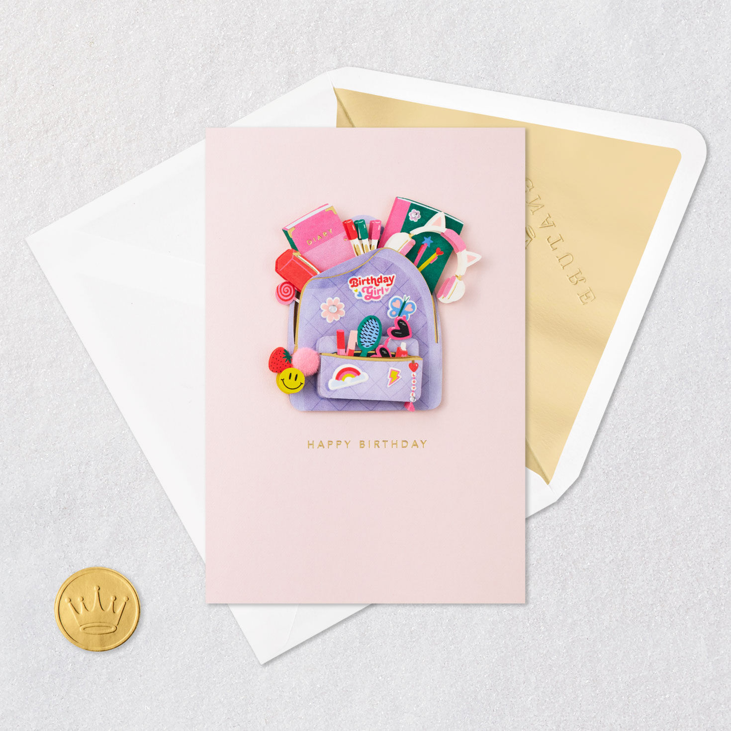 Purple Backpack Girl Birthday Card Card Front with Envelope and Gold Seal image number 5