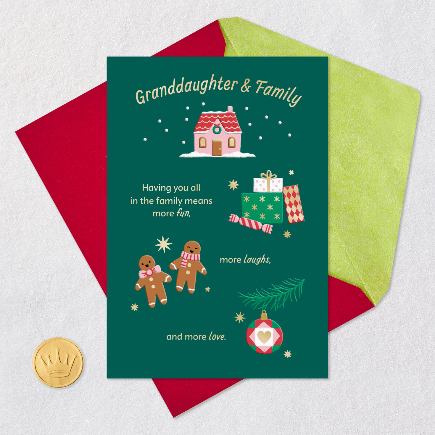 Icons on Green Christmas Card for Granddaughter and Family Card Front with Envelope and Gold Seal image number 5