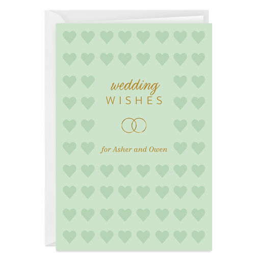 Personalized Hearts and Gold Rings Wedding Card, 