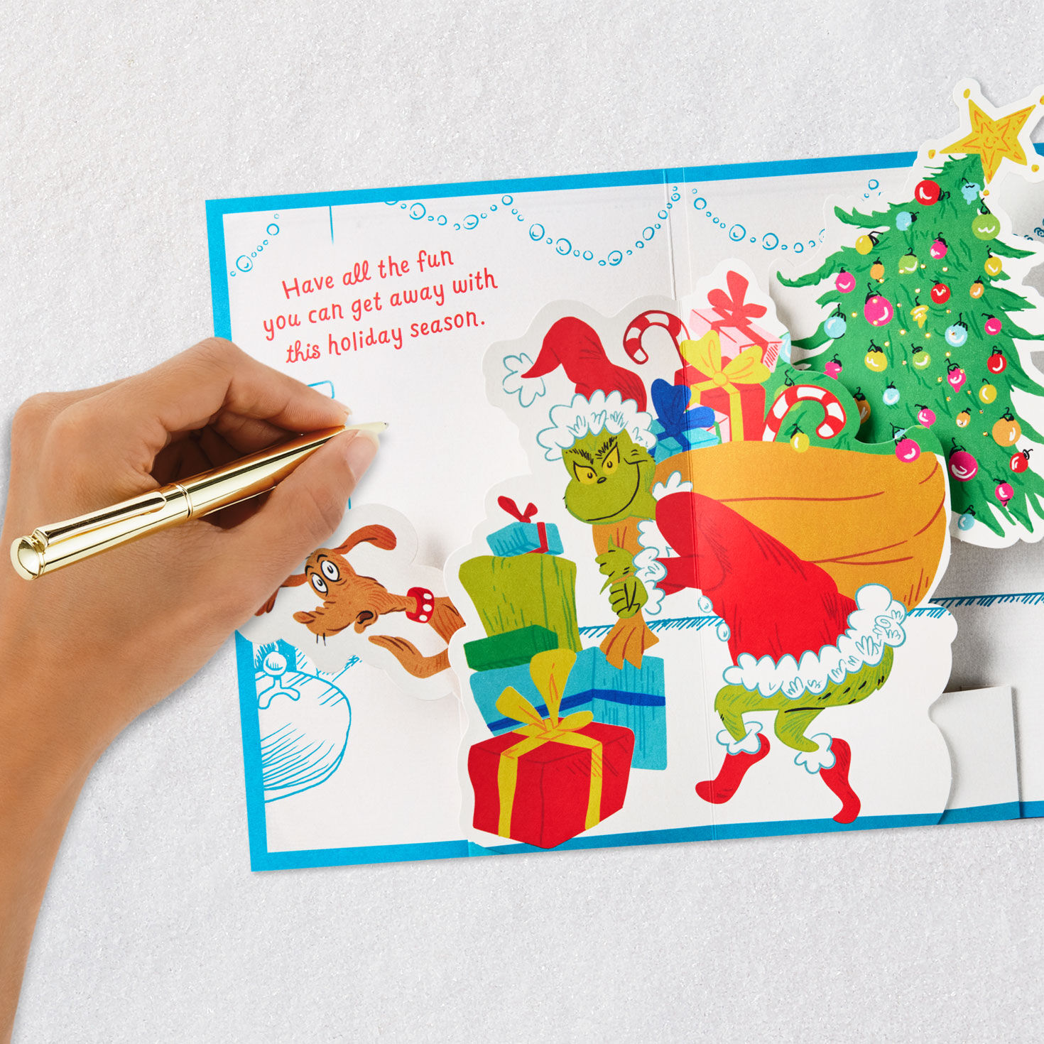 Grinch on Blue Musical Pop-Up Christmas Card signing card image number 6