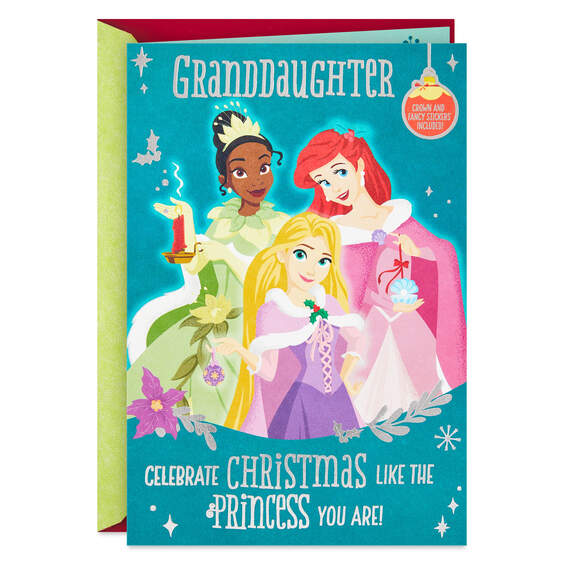 Disney Princess Christmas Card for Granddaughter With Crown and Stickers
