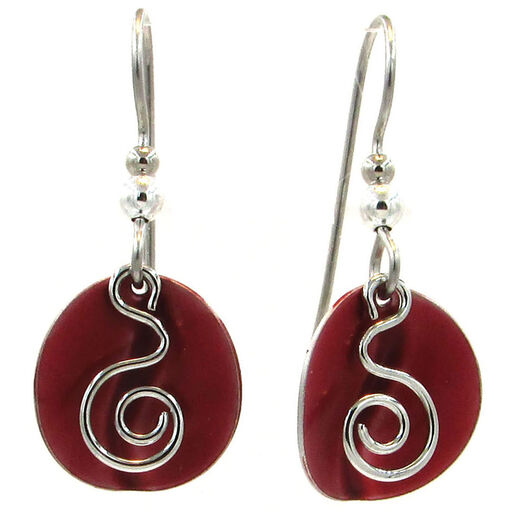 Silver Coil and Red Disc Layered Metal Drop Earrings, 