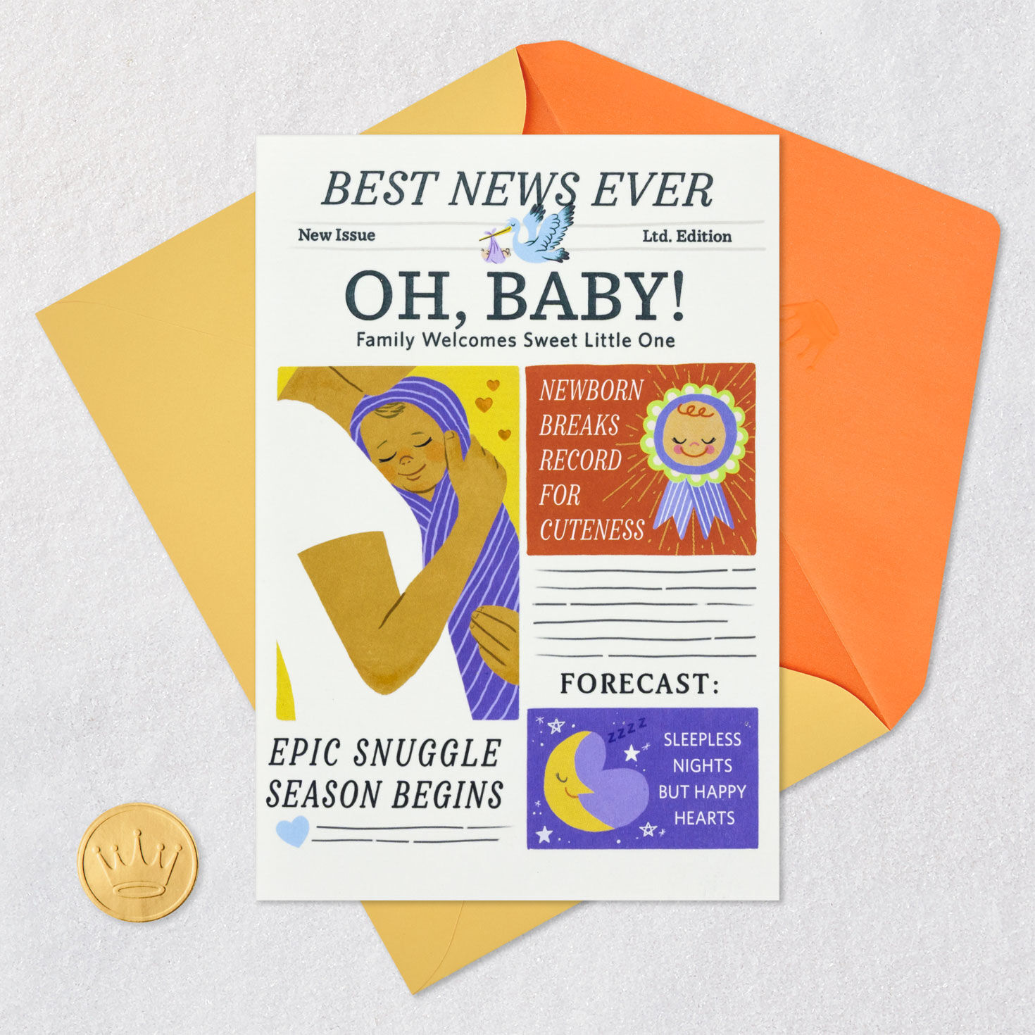 Cartoon Newspaper New Baby Shower Card Card Front with Envelope and Gold Seal image number 5