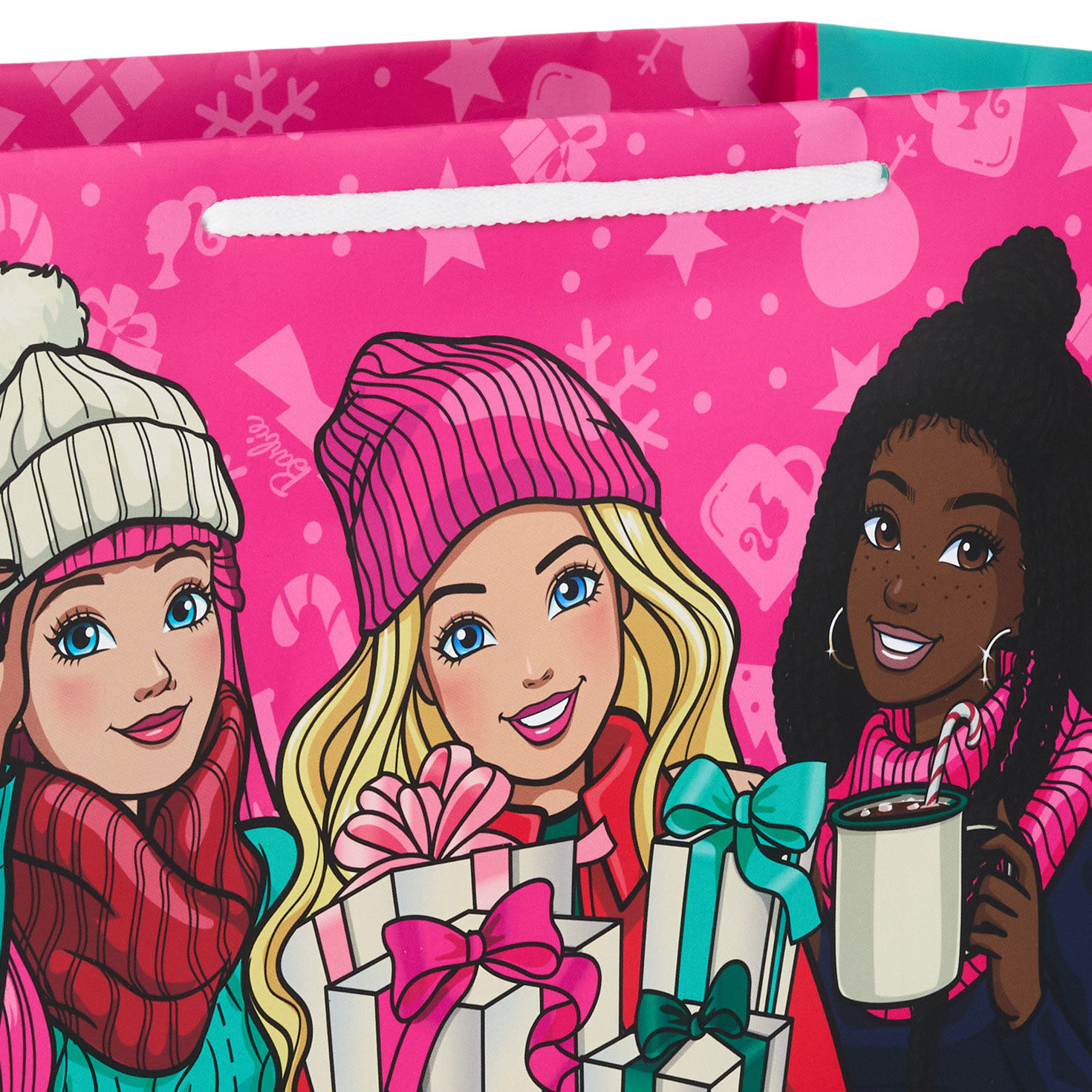 Barbie and Friends Hot Pink Large Holiday Gift Bag Handle Detail image number 4