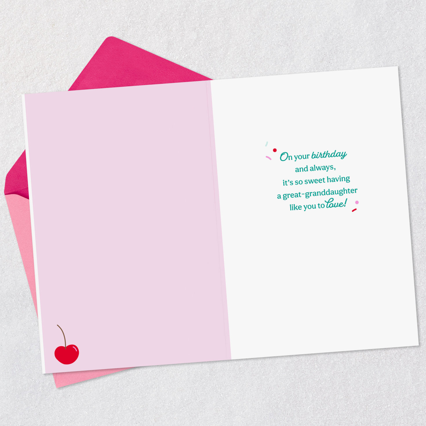 Cupcake With Cherry Great-Granddaughter Birthday Card Open card with envelope image number 3