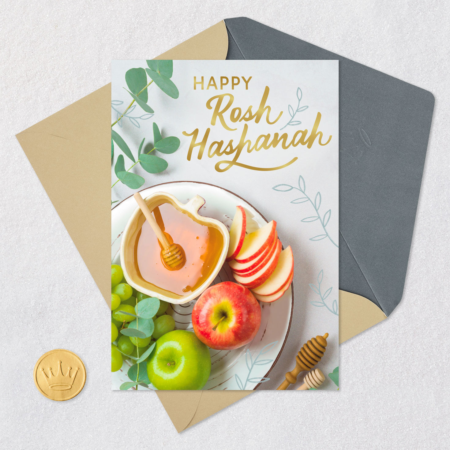 Apples and Honey Rosh Hashanah Card Card Front with Envelope and Gold Seal image number 5