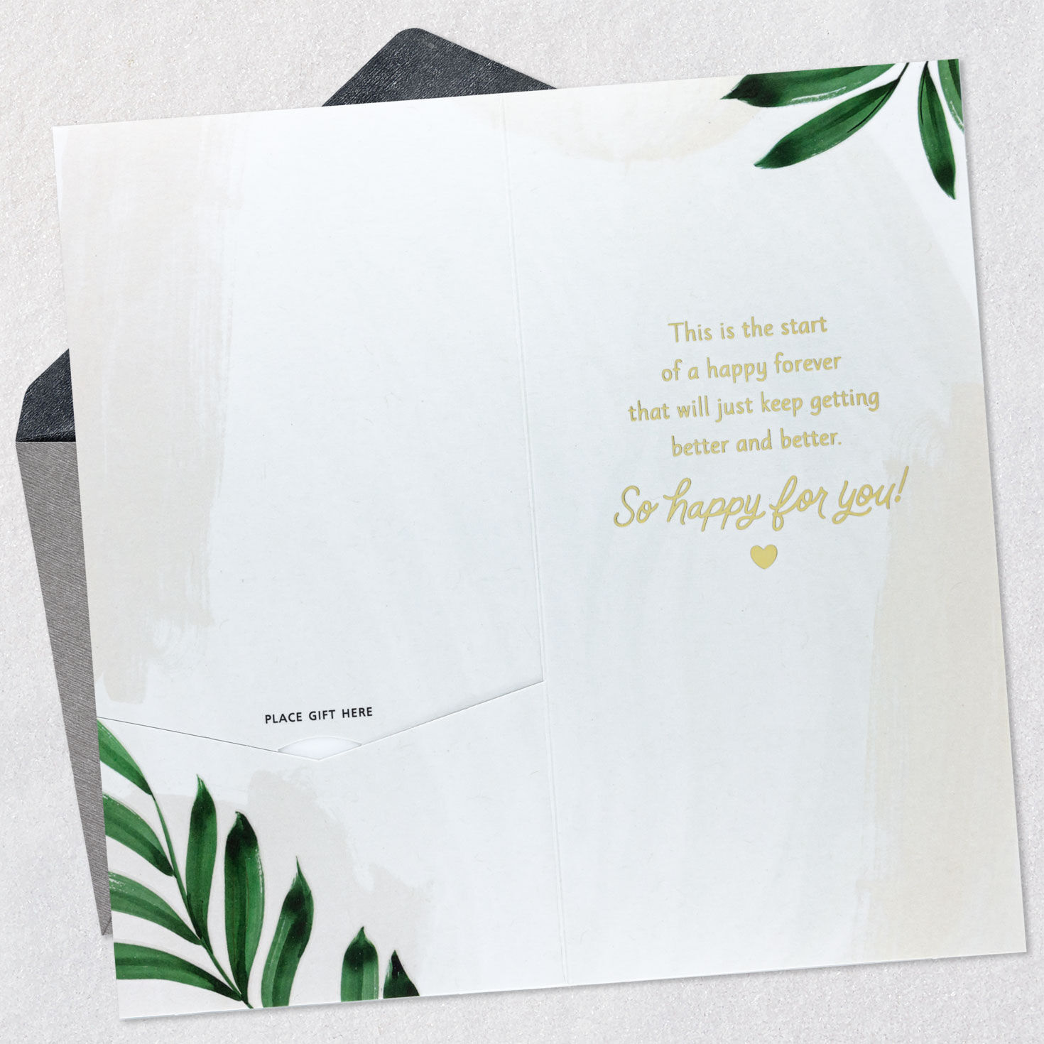 Tropical Leaves and Hearts Wedding Money Holder Card Open card with envelope image number 4