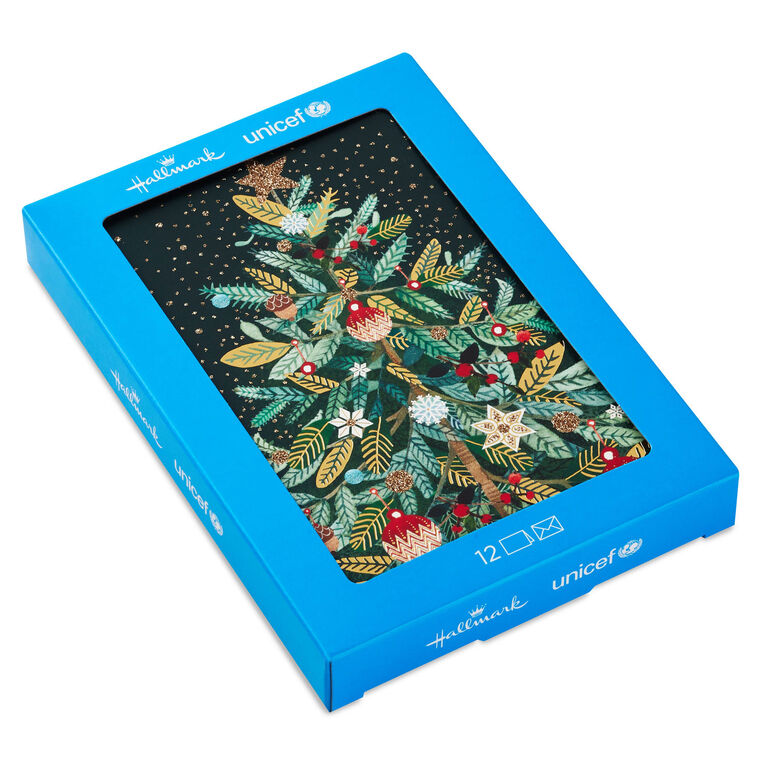 UNICEF Spruce Tree on Black Boxed Christmas Cards, Pack of 20