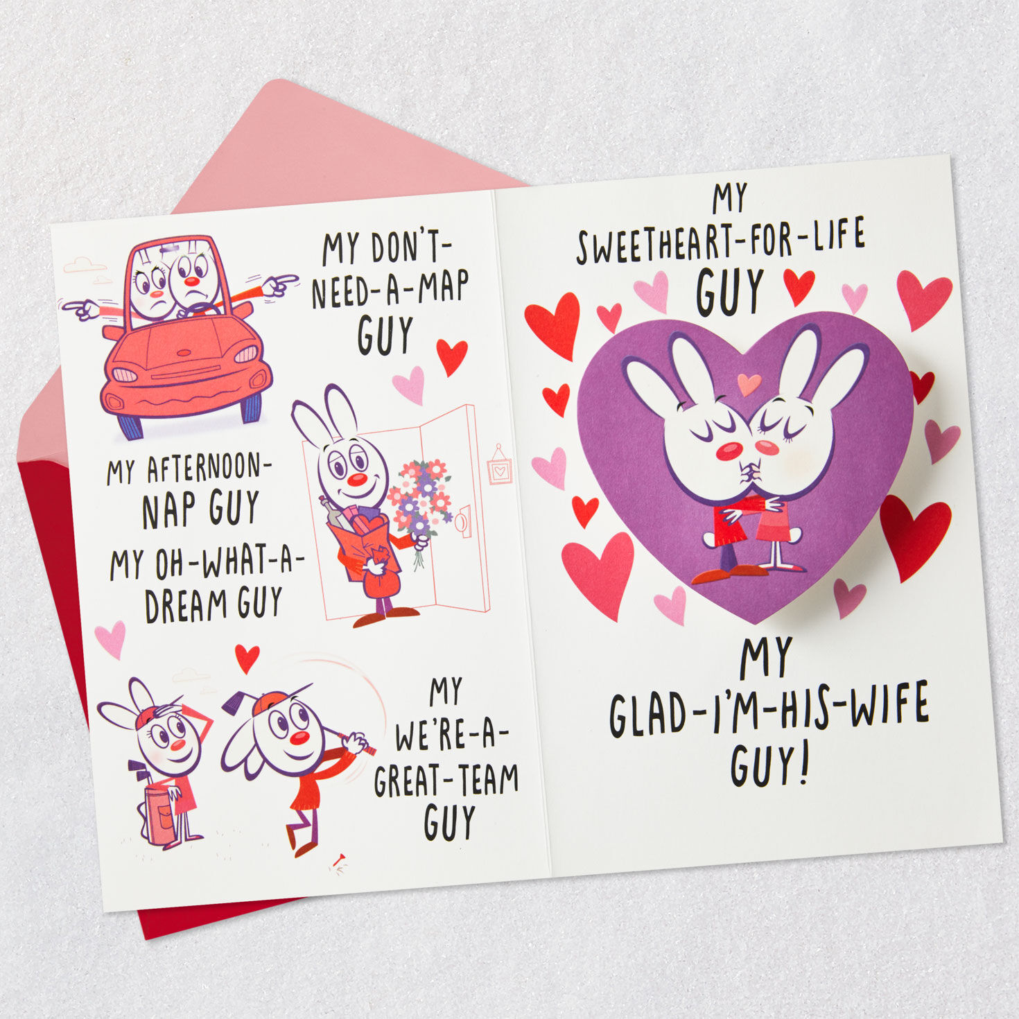 Rabbits in Heart Pop-Up Valentine's Day Card for Husband Open card with envelope image number 2