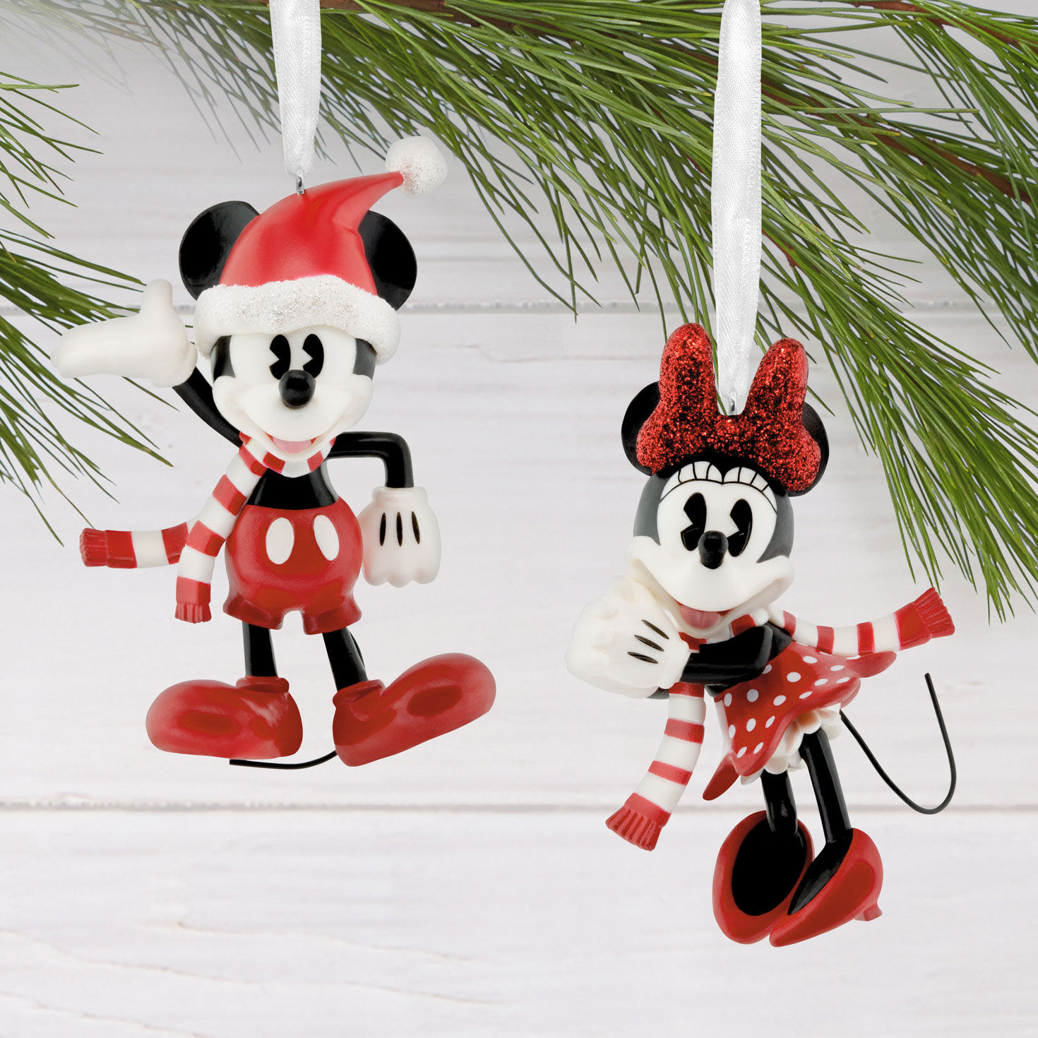 Set of 2 Disney Mickey Minnie Ornaments in Gift Box hanging on tree image number 5