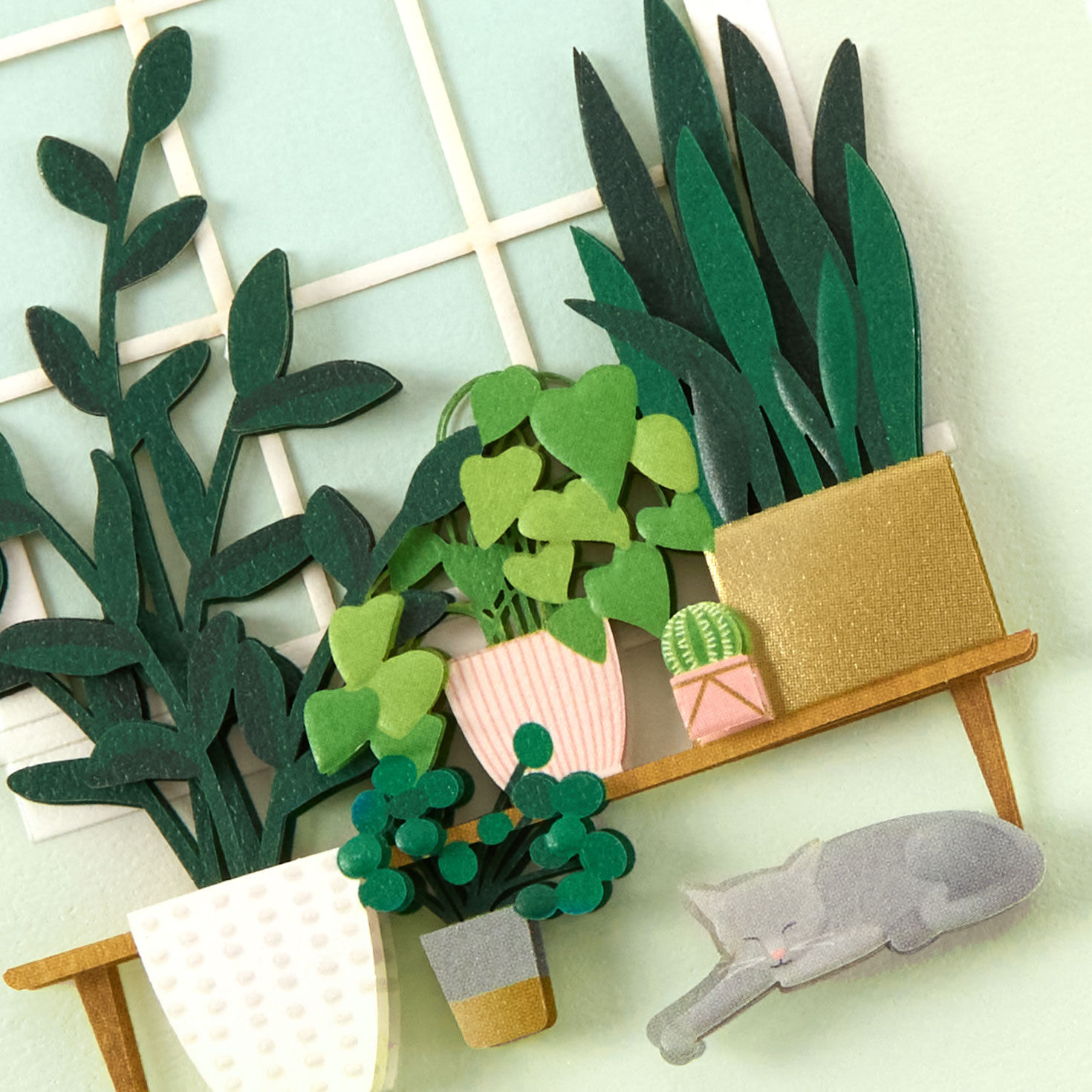 Pothos and Snake Plants with Cat Thinking of You Card Card Front Detail image number 4
