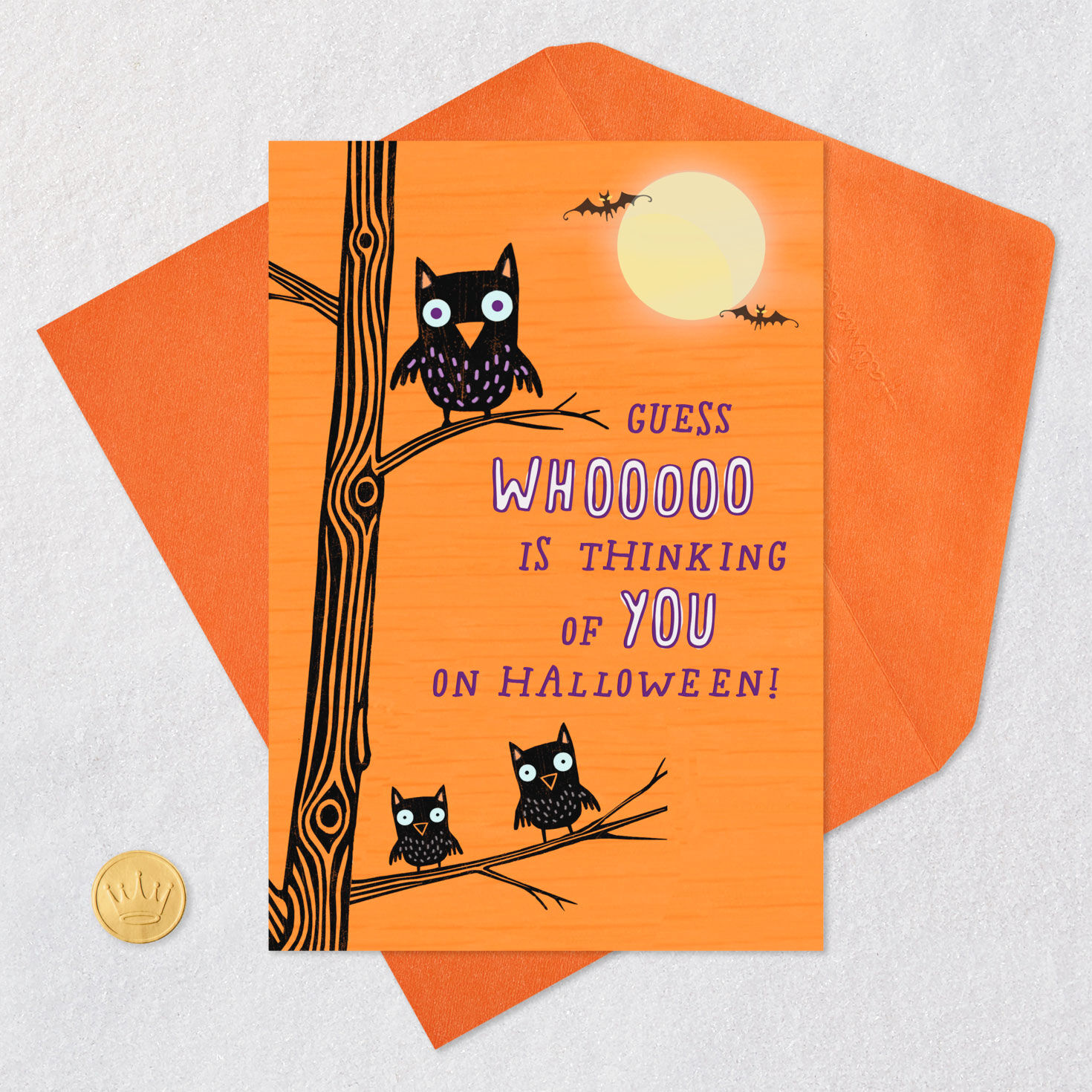 Owls Thinking of You Halloween Card Card Front with Envelope and Gold Seal image number 5