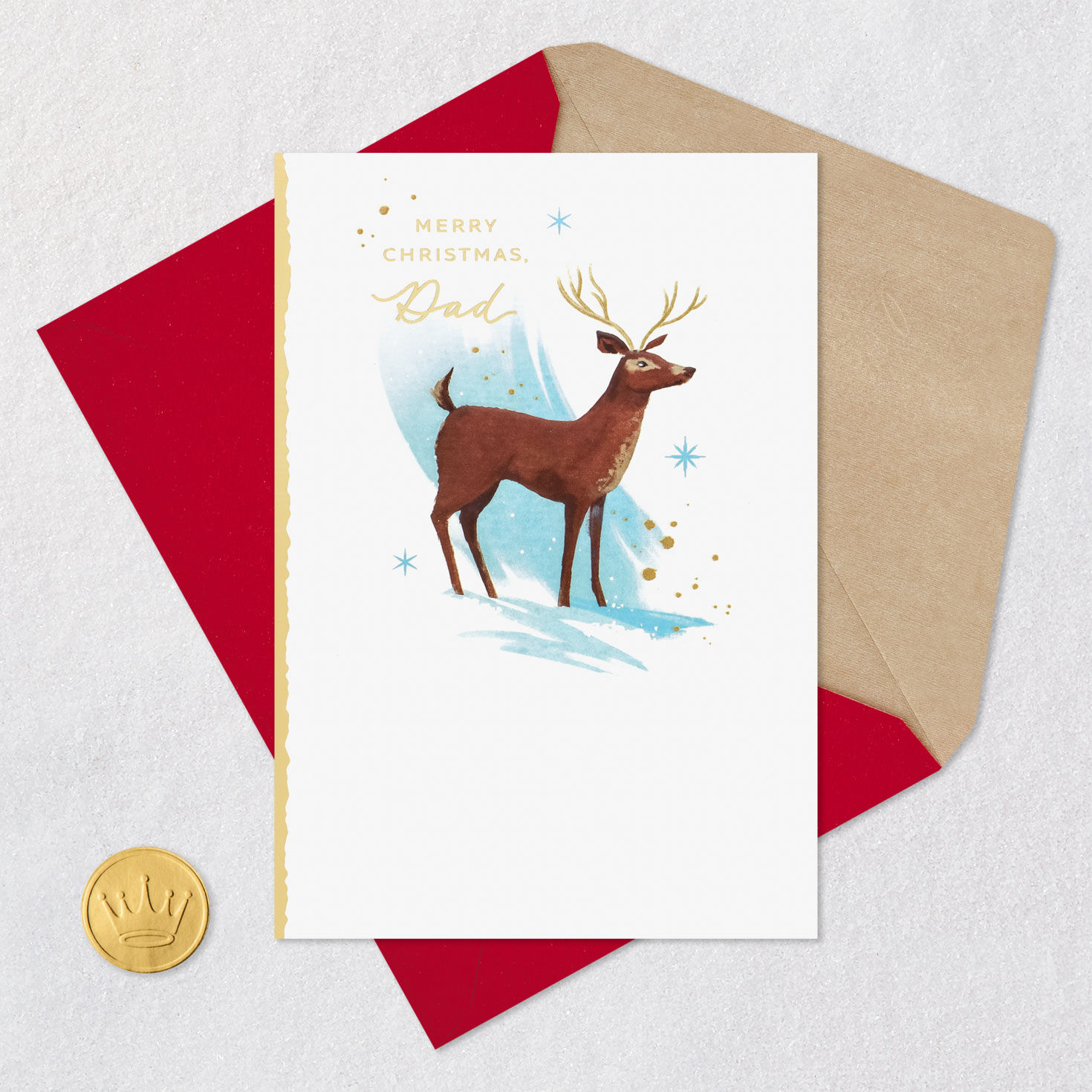 Snowy Stag Watercolor Christmas Card for Dad Card Front with Envelope and Gold Seal image number 5