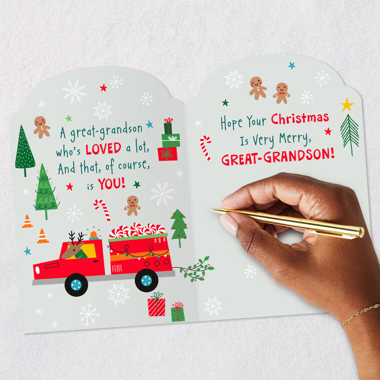 Santa in Fire Truck Great-Grandson Christmas Card signing card image number 7