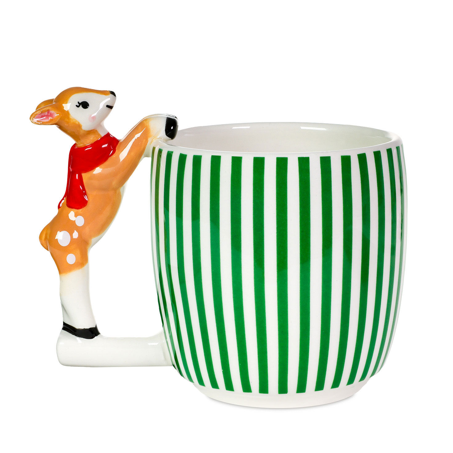 Green and White Striped Mug With Reindeer Handle back image number 2