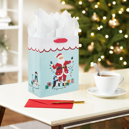 9.6" Santa With Christmas Lights Medium Gift Bag, 