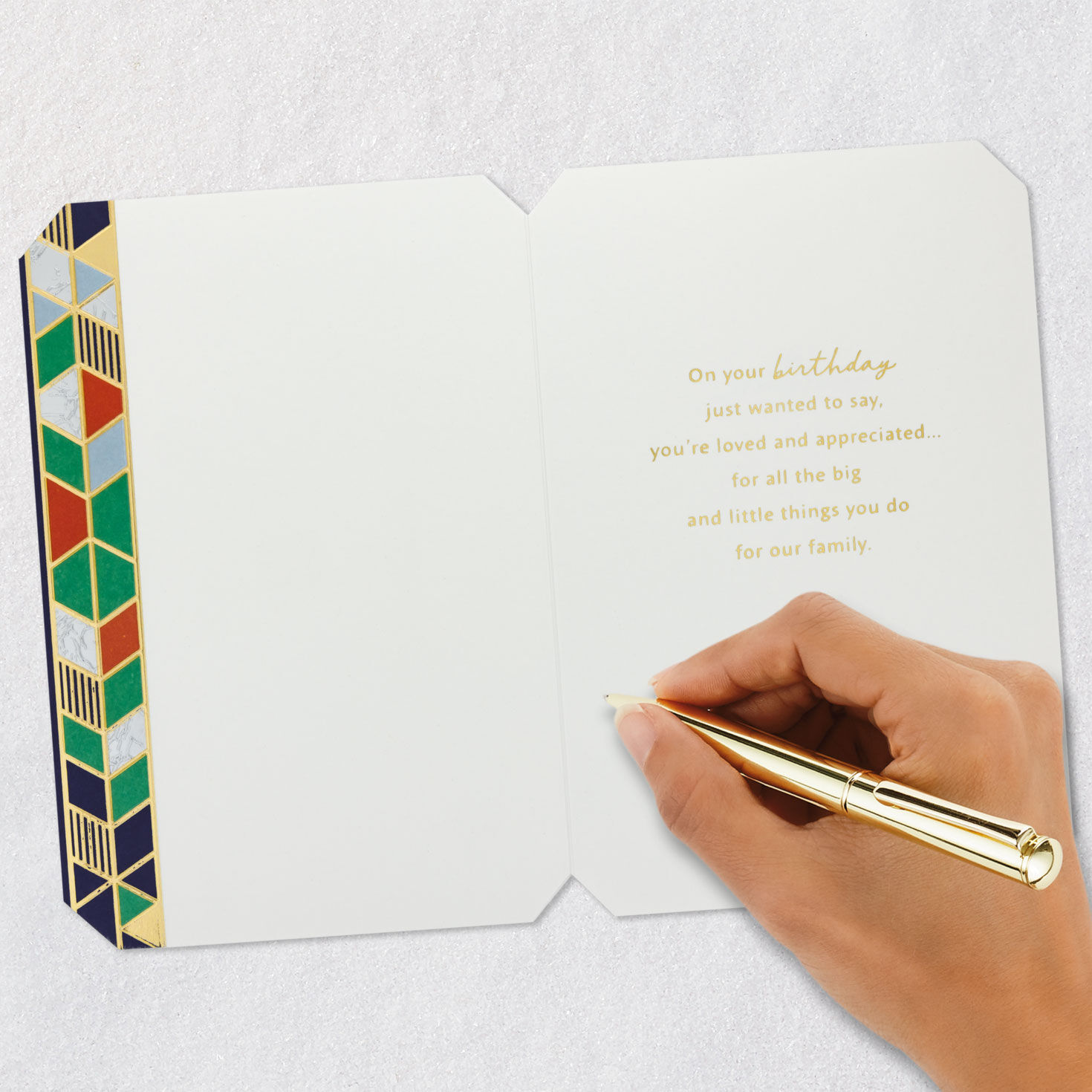 Geometric Orange and Green Cake on Navy Birthday Card Signing card image number 6