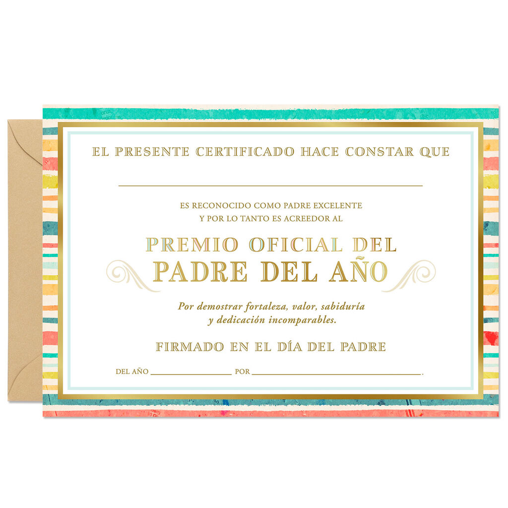 Father Of The Year Award Certificate Spanish Language Father S Day Card