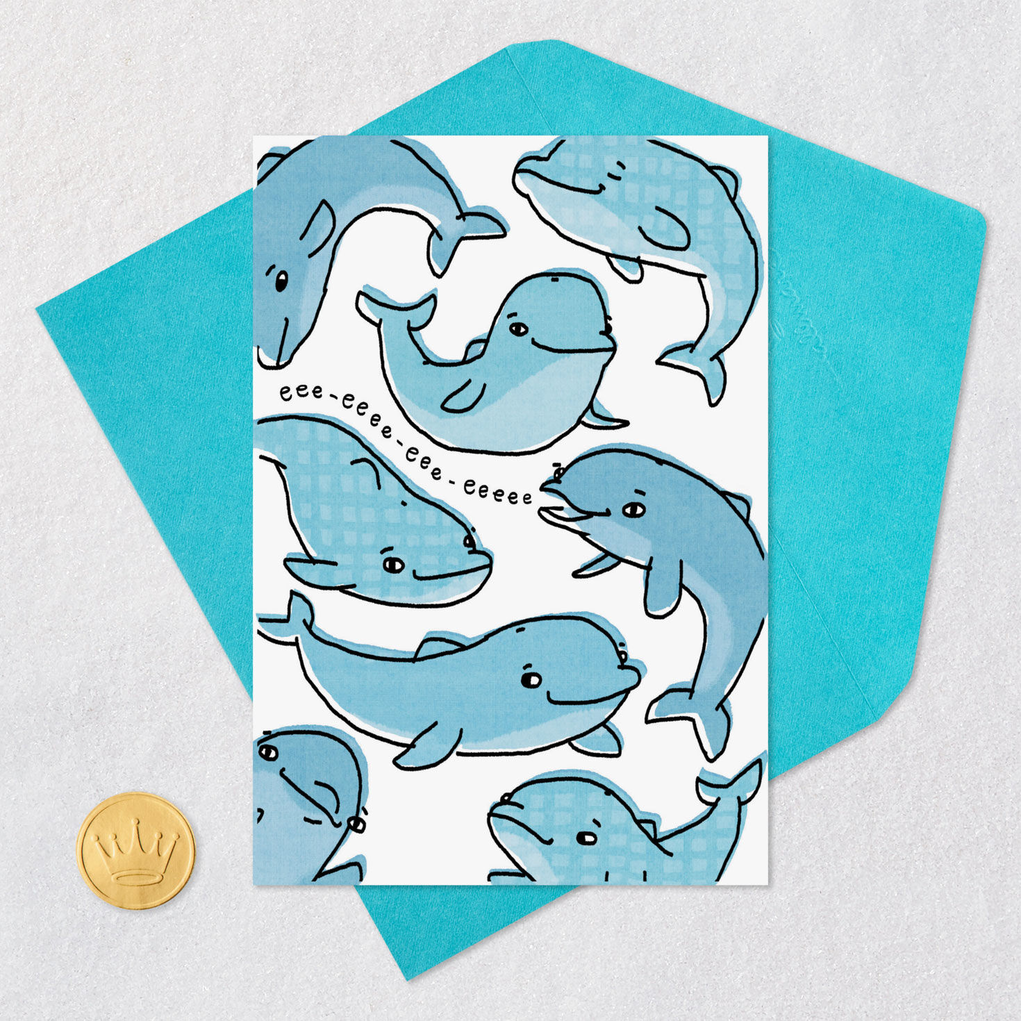 Dolphin Pun Funny Thinking of You Card Card Front with Envelope and Gold Seal image number 5
