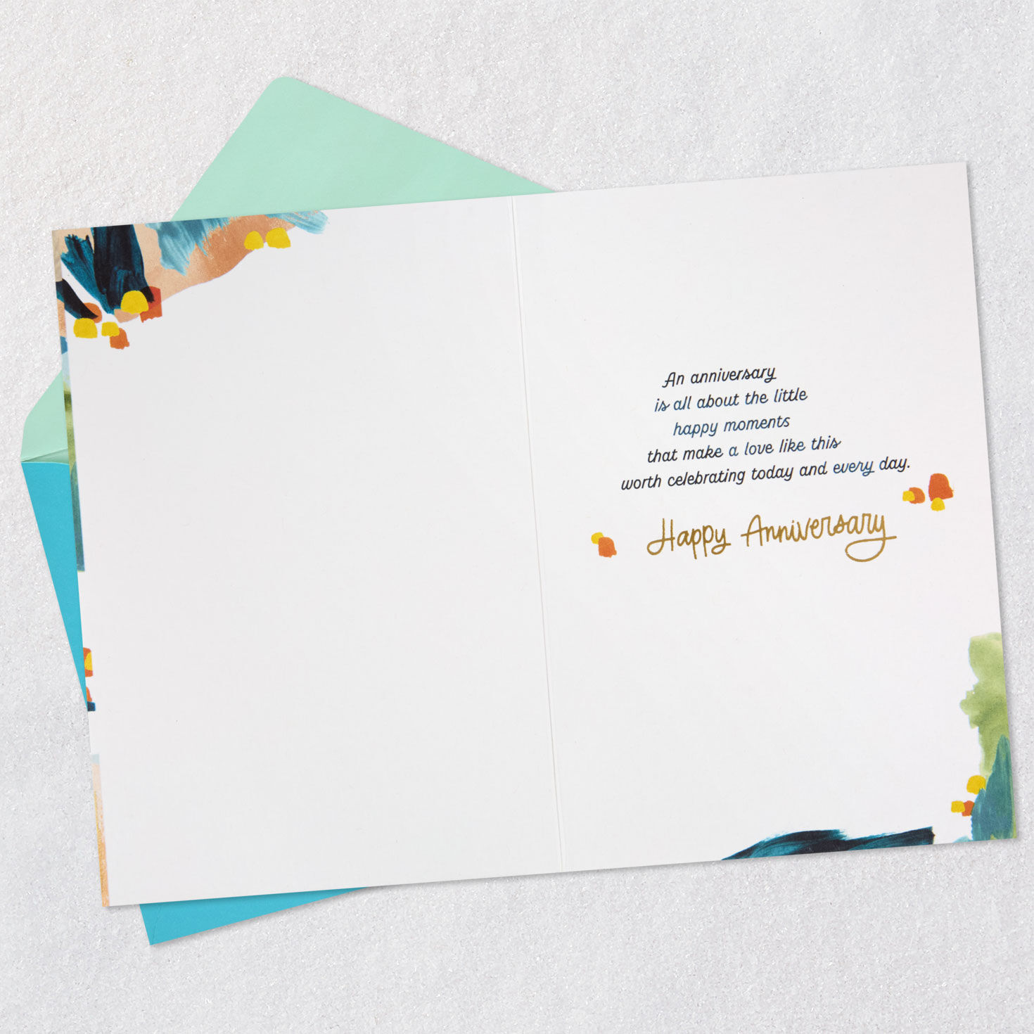 Blue, Green, Orange and Gold Brushstrokes Anniversary Card Open card with envelope image number 3