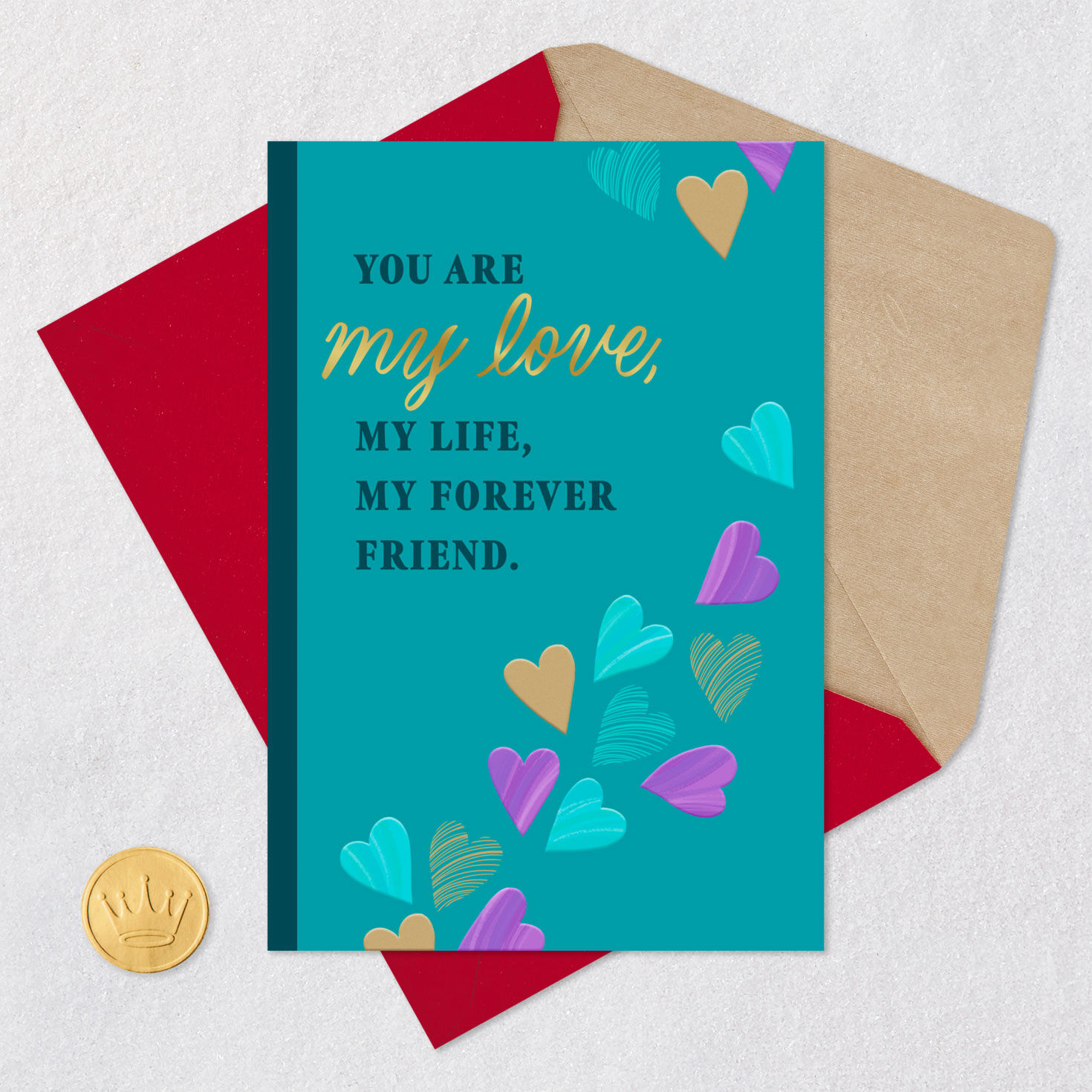 Colorful Hearts on Teal Romantic Sweetest Day Card Card Front with Envelope and Gold Seal image number 6