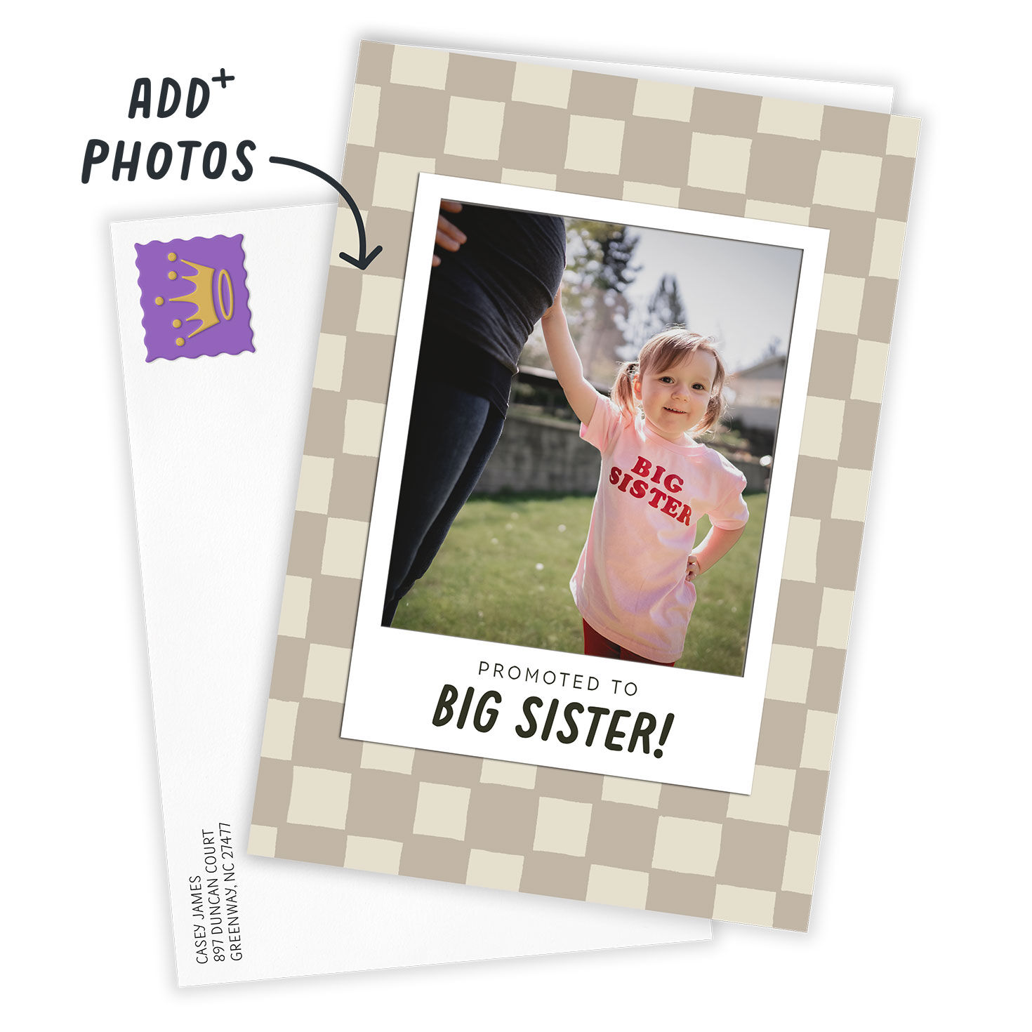 Brown Checkerboard Frame Personalized Baby Card Card Front with Envelope image number 2