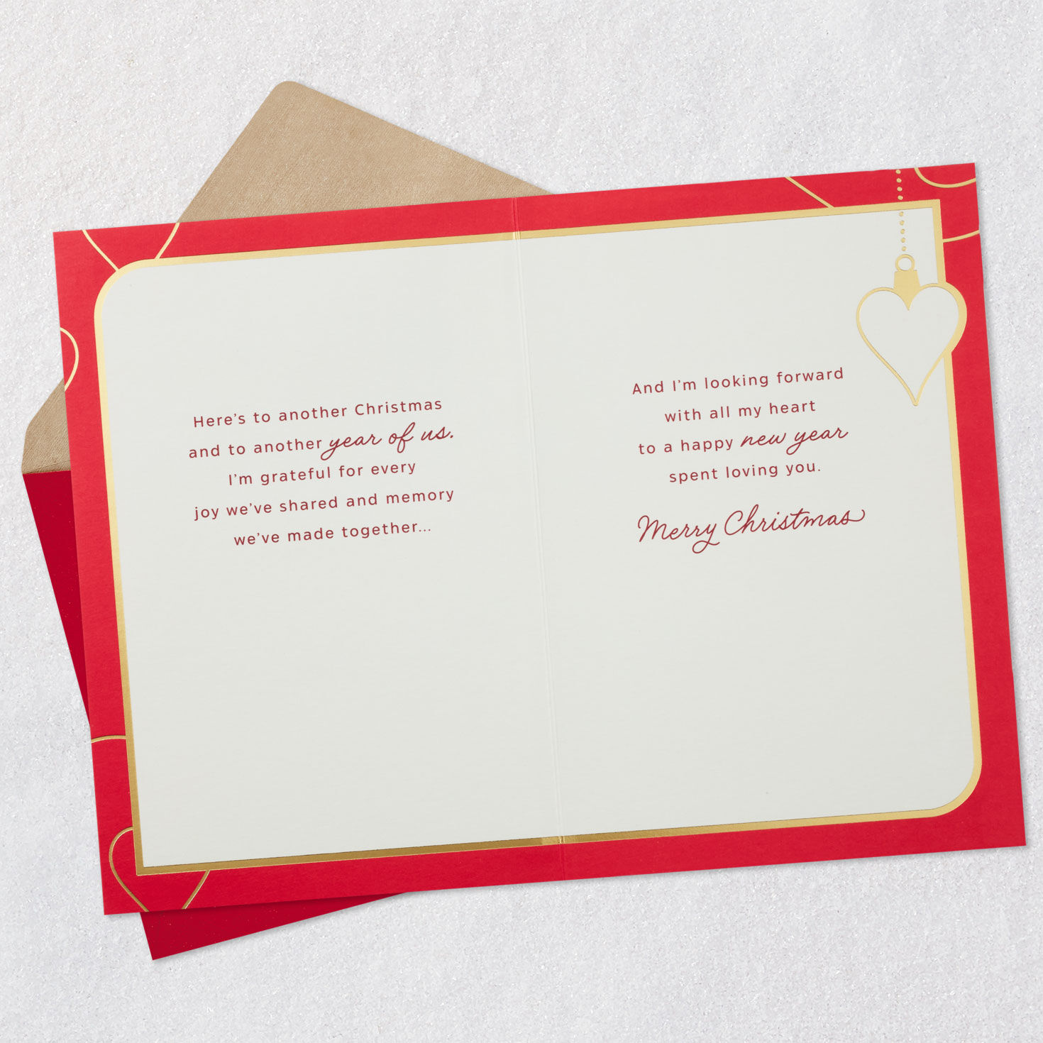 Gold Ornaments on Red Romantic Christmas Card Open card with envelope image number 4