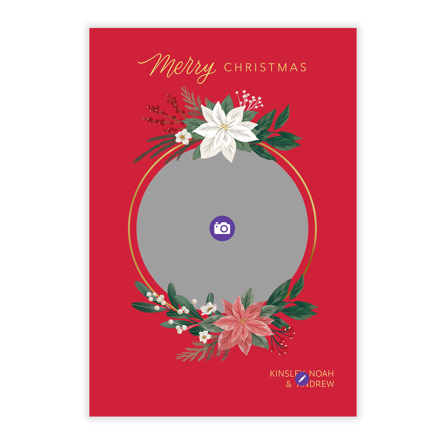 Gold Circle Poinsettias Christmas Photo Card Card Front indicating personalization image number 5