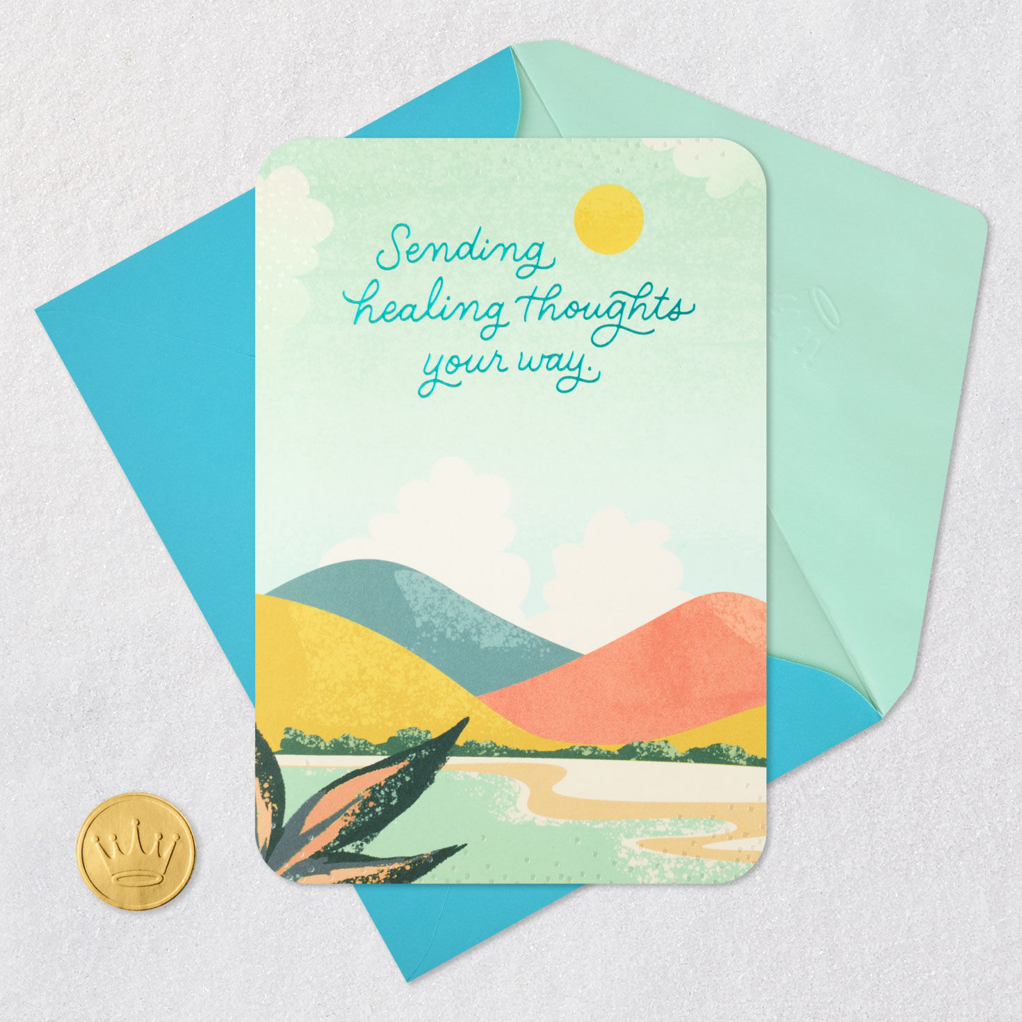 Sunny Mountain Lake Landscape Get Well Card Card Front with Envelope and Gold Seal image number 5
