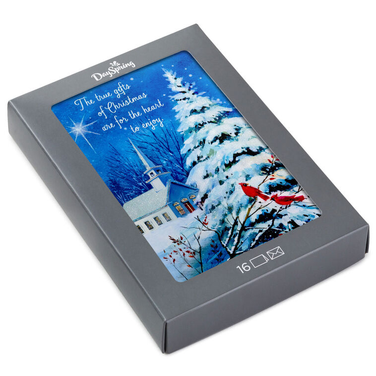 DaySpring Wintry Night With Cardinals and Church Boxed Christmas Cards, Pack of 16