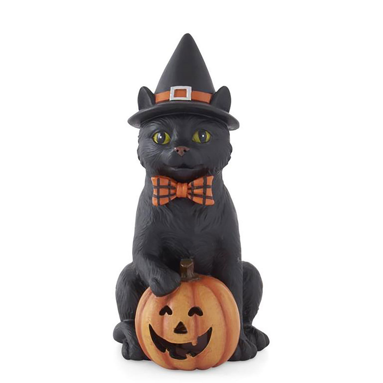 K&K Interiors Sitting Black Cat and Jack-o'-Lantern Figurine With Light, 7.5"