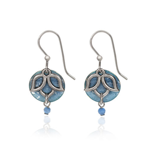 Silver Forest Silver-Tone Lotus Flower on Blue Disc Drop Earrings, 