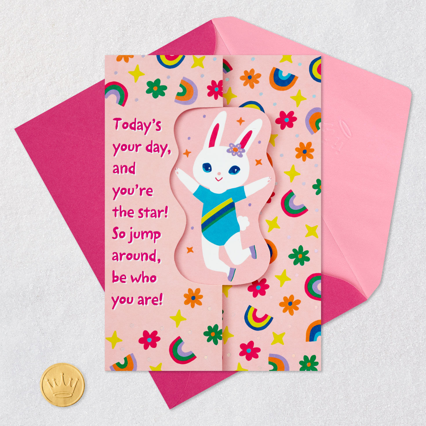 Pink Rhythmic Gymnastics Bunny Birthday Card Card Front with Envelope and Gold Seal image number 5