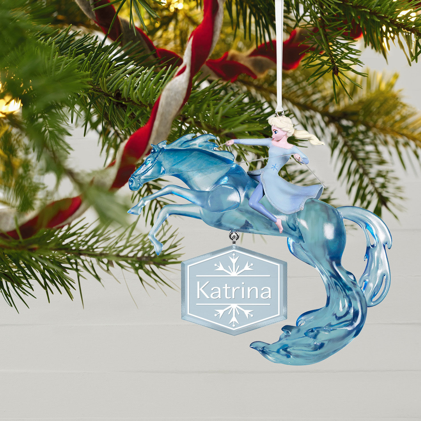 Frozen 2 Elsa and Nokk Personalized Keepsake Ornament hanging on tree image number 3