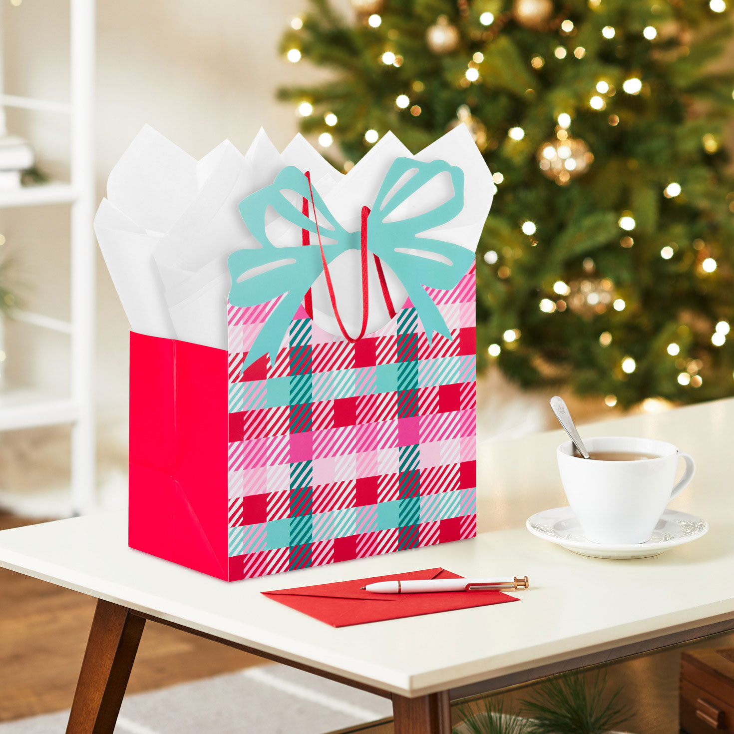 Colorful Check With Die-Cut Bow Medium Gift Bag In Use image number 2
