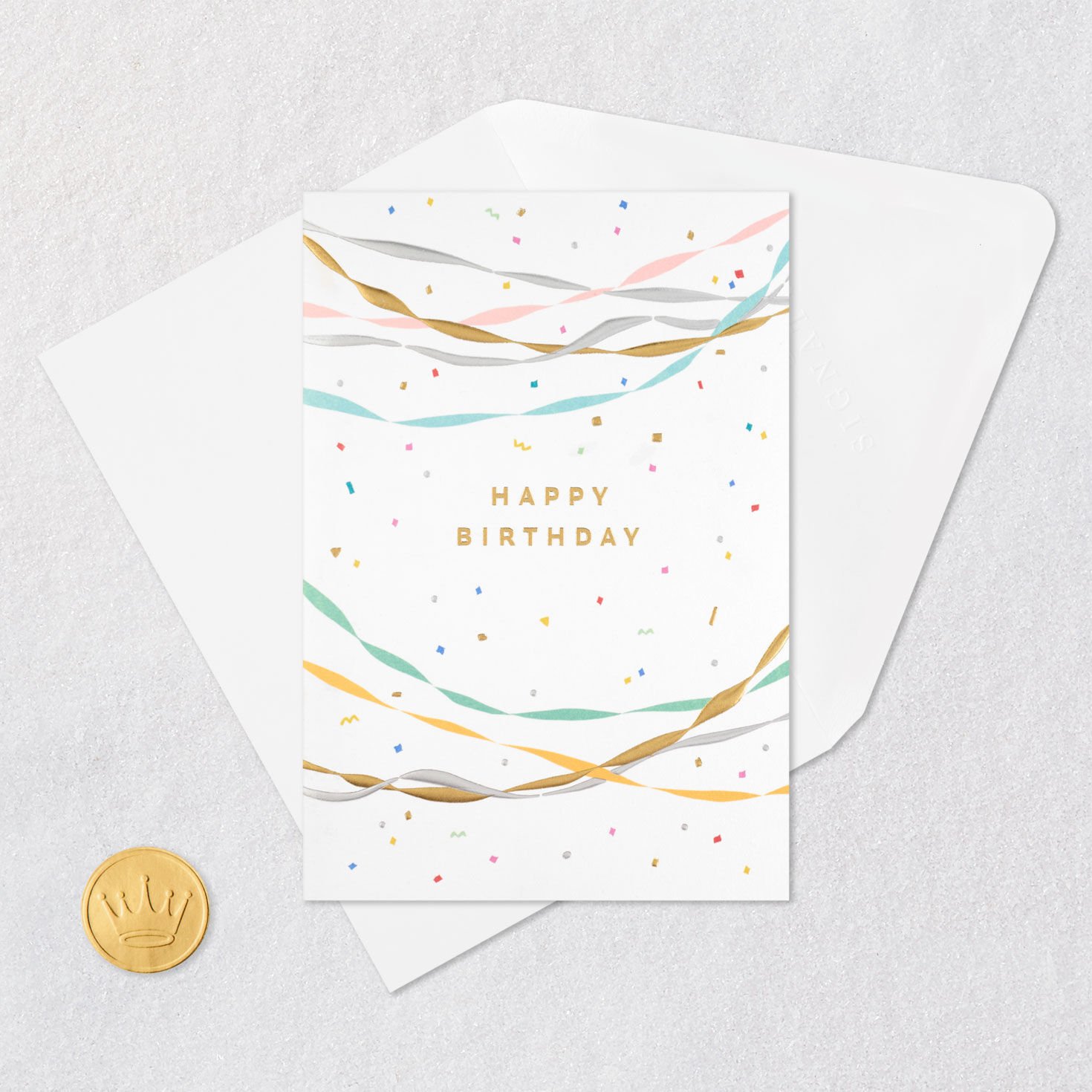 Streamers and Confetti Signature Birthday Card Card Front with Envelope and Gold Seal image number 4