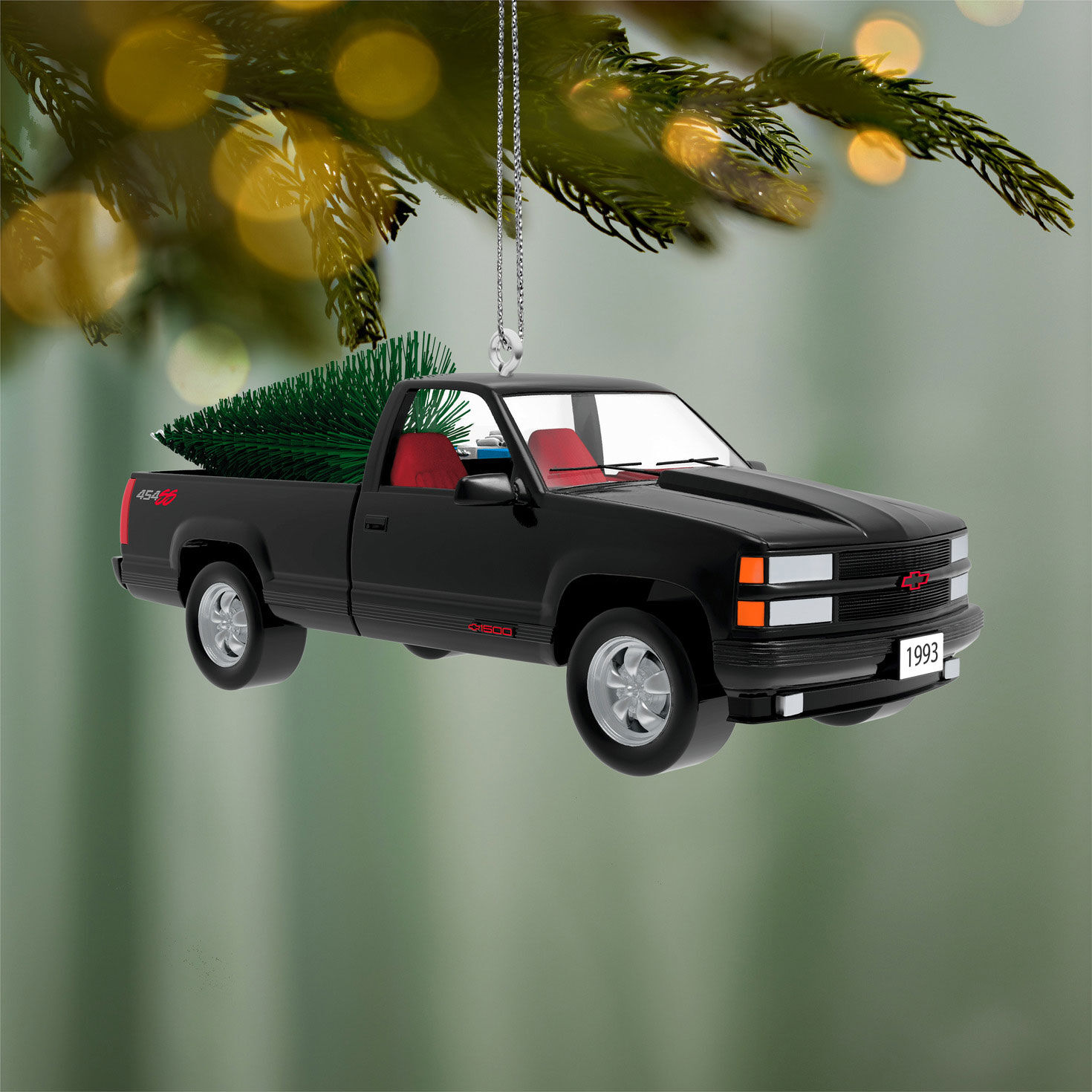 Black Chevy Truck With Tree Keepsake Ornament hanging on tree image number 2