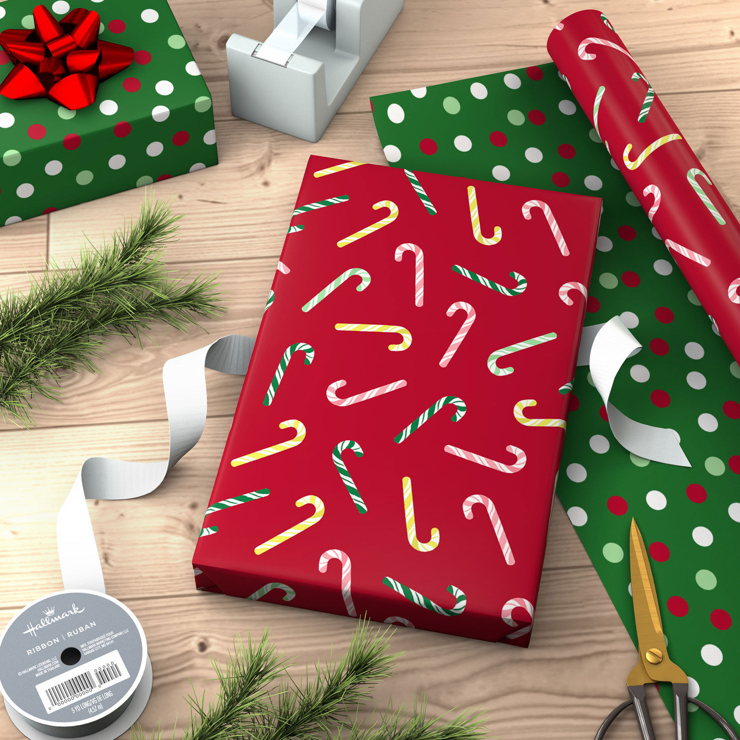 Candy Canes/Dots Christmas Reversible Gift Wrap in use image number 3