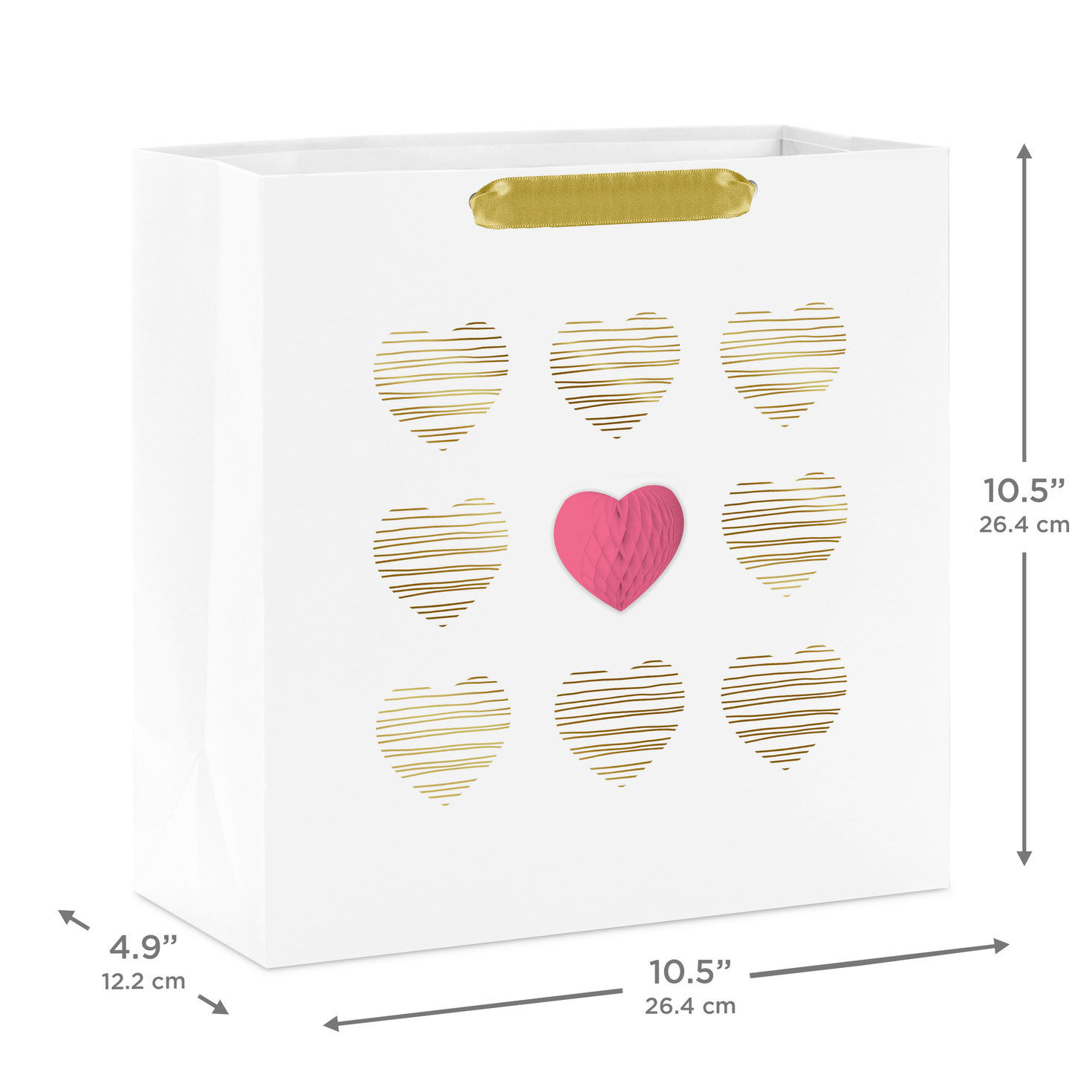 Red Honeycomb Heart and Gold Line Hearts Gift Bag measurement image number 3